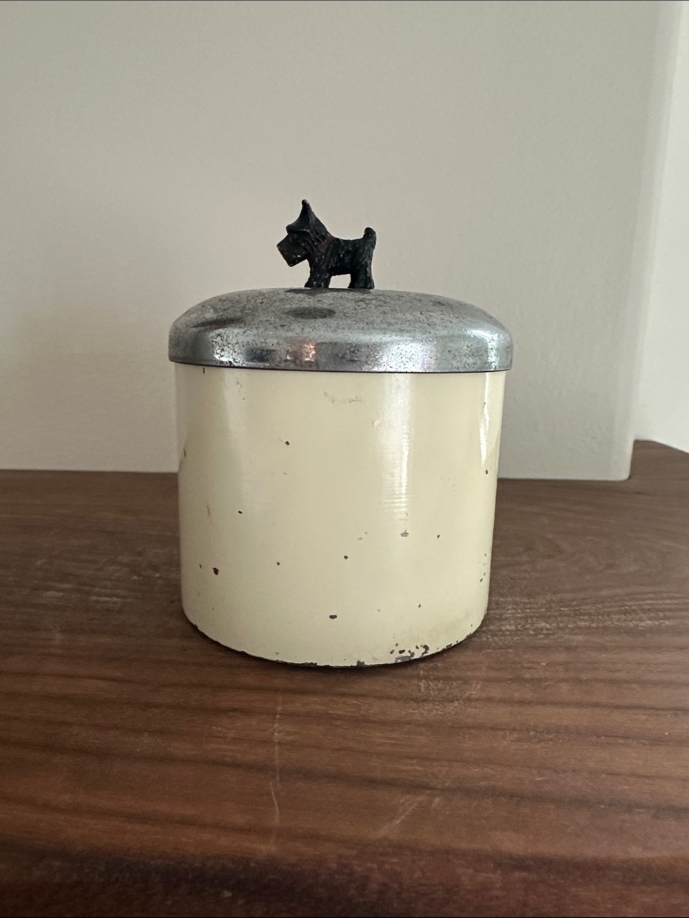 Vintage 1930s Duk-It Humidor Jar - Art Deco Enamelware with Scottie Dog Finial